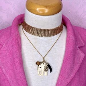 🌹 Set of 2 🌹 White Gold Elephant Pendant Necklace w/ Charms & Gold Toned Choker🌹